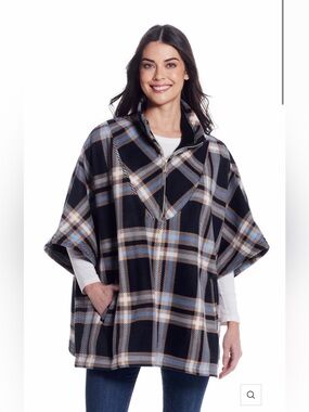 Weatherproof One Size Plaid Zip Fleece Poncho Pullover Cape Shawl